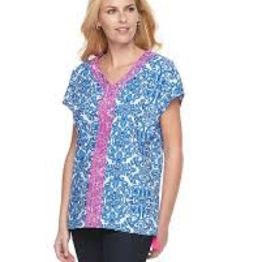Caribbean Joe Deep Dive Embroidered Top, Size L